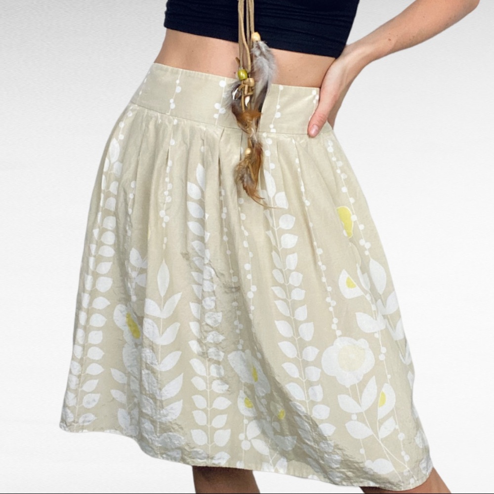 ANTONIO MELANI | Cream White Silk Blend A-Line Knee Length Botanical Boho Skirt